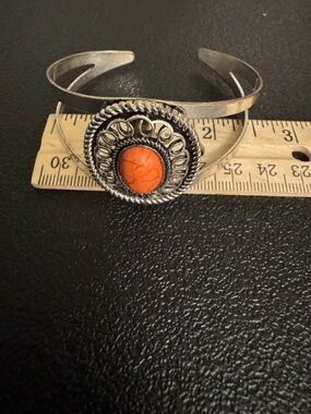 Silver-Tone Cuff Bracelet with Orange Stone Accent